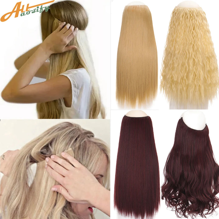 Allaosify Synthetic Hair Extensions 24" Invisible Wire No Clip