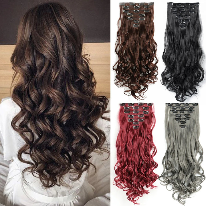 Hair Extension Long Wavy 16 Clips Natural Black Hair Heat Resistant For Women