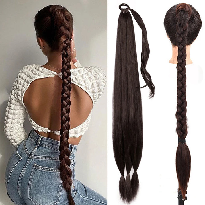 26/34inch Synthetic Long Braided Ponytail Hair Extensions With Rubber Band